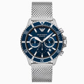 Emporio Armani Herrenuhr – Edelstahl Silber, 43 mm, Blaues Zifferblatt, Quarzwerk, 10 ATM, Luxus Designeruhr - AR11587
